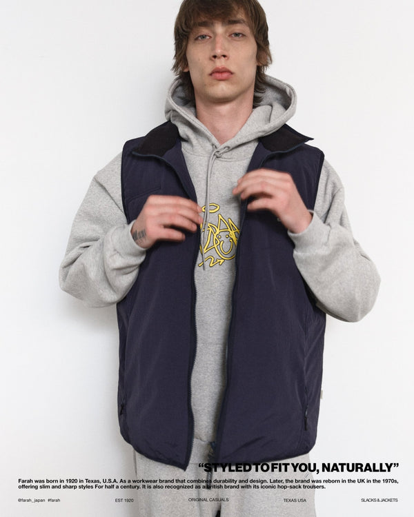 【FARAH|ファーラー】NYLON ZIP UP VEST/ナイロンジップアップベスト(NAVY) - STREAM【FARAH|ファーラー】NYLON ZIP UP VEST/ナイロンジップアップベスト(NAVY)STREAMM