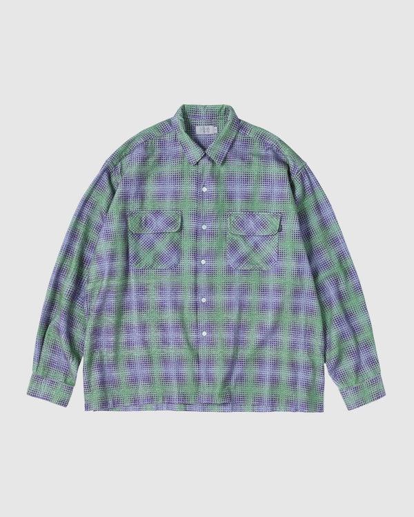 【SEDAN ALL - PURPOSE|セダンオールパーパス】PRINTED PLAID FLANNEL OPEN COLLAR SHIRT/プリンテッドプッラドフランネルオープンカラーシャツ(BRICK × BURGUNDY , GREEN × PURPLE) - STREAM【SEDAN ALL - PURPOSE|セダンオールパーパス】PRINTED PLAID FLANNEL OPEN COLLAR SHIRT/プリンテッドプッラドフランネルオープンカラーシャツ(BRICK × BURGUNDY , GREEN × PURPLE)STREAMGREENM