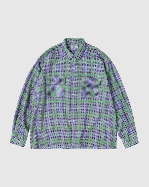 【SEDAN ALL-PURPOSE|セダンオールパーパス】PRINTED PLAID FLANNEL OPEN COLLAR SHIRT/プリンテッドプッラドフランネルオープンカラーシャツ(BRICK × BURGUNDY , GREEN × PURPLE)