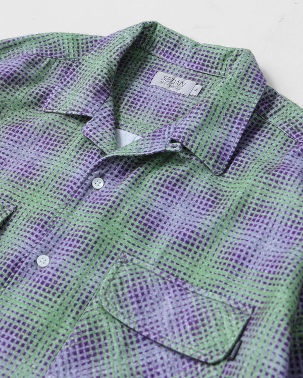 【SEDAN ALL-PURPOSE|セダンオールパーパス】PRINTED PLAID FLANNEL OPEN COLLAR SHIRT/プリンテッドプッラドフランネルオープンカラーシャツ(BRICK × BURGUNDY , GREEN × PURPLE)