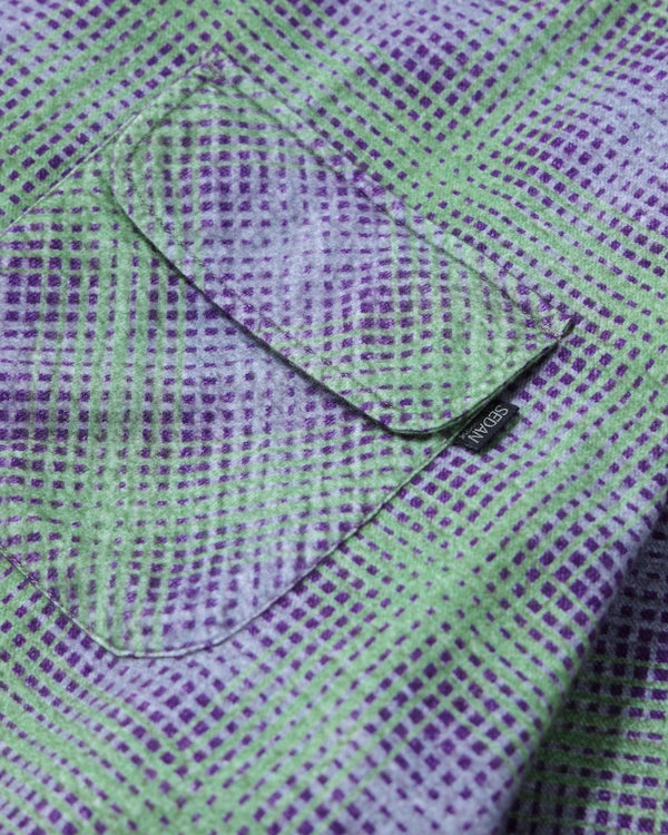 【SEDAN ALL-PURPOSE|セダンオールパーパス】PRINTED PLAID FLANNEL OPEN COLLAR SHIRT/プリンテッドプッラドフランネルオープンカラーシャツ(BRICK × BURGUNDY , GREEN × PURPLE)