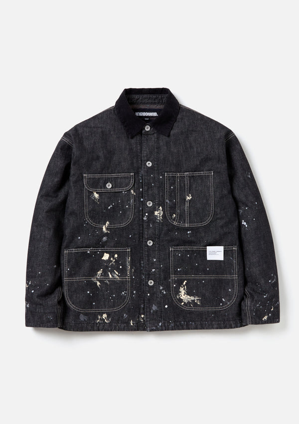 CORDUROY COLLAR WASHED COVERALL JACKET/コーデュロイ カラー ウォッシュド カバーオール ジャケット(BLACK)