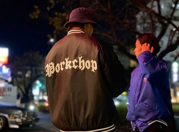 【PORKCHOP GARAGE SUPPLY|ポークチョップ ガレージ サプライ】SATIN SPORT JKT/サテンスポーツジャケット(BLACK)