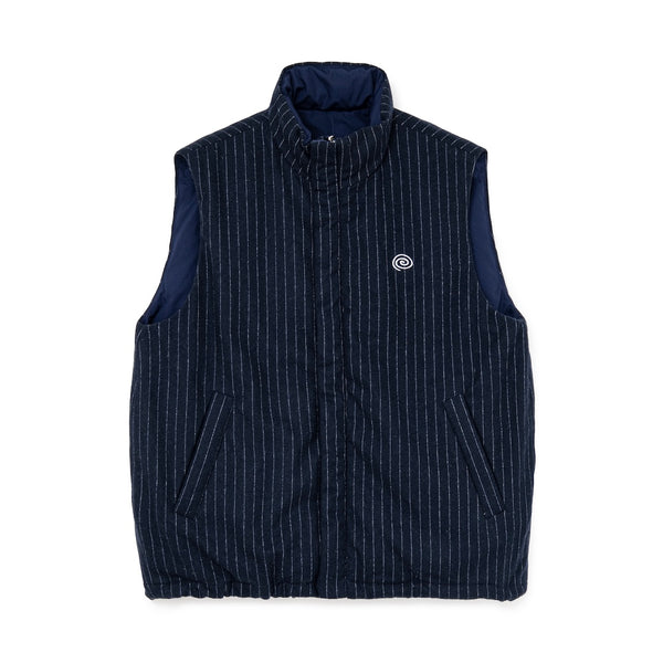 【SOL soonerorlater|ソル スーナーオアレイター】PIN-STRIPE PADDED VEST(NAVY) 正規取扱店舗 公式オンライン通販 島根 松江 26AW ダウンベスト 