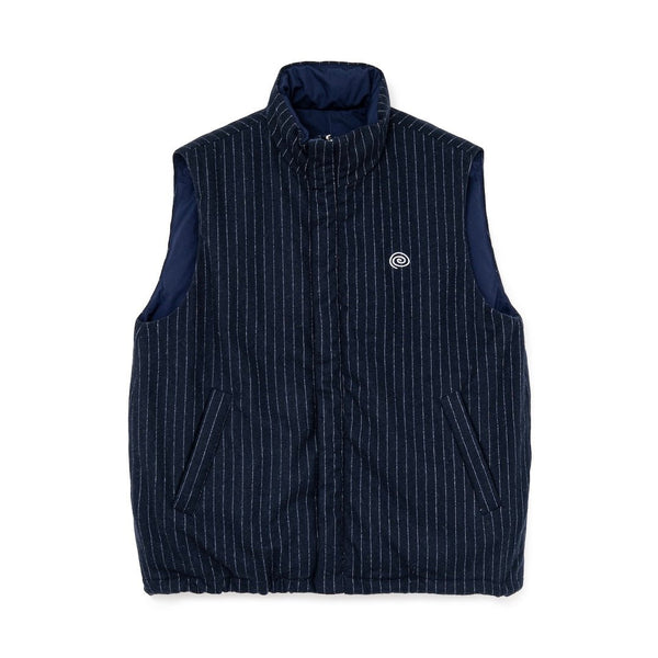 【SOL soonerorlater|ソル スーナーオアレイター】PIN-STRIPE PADDED VEST(NAVY) 正規取扱店舗 公式オンライン通販 島根 松江 26AW ダウンベスト 